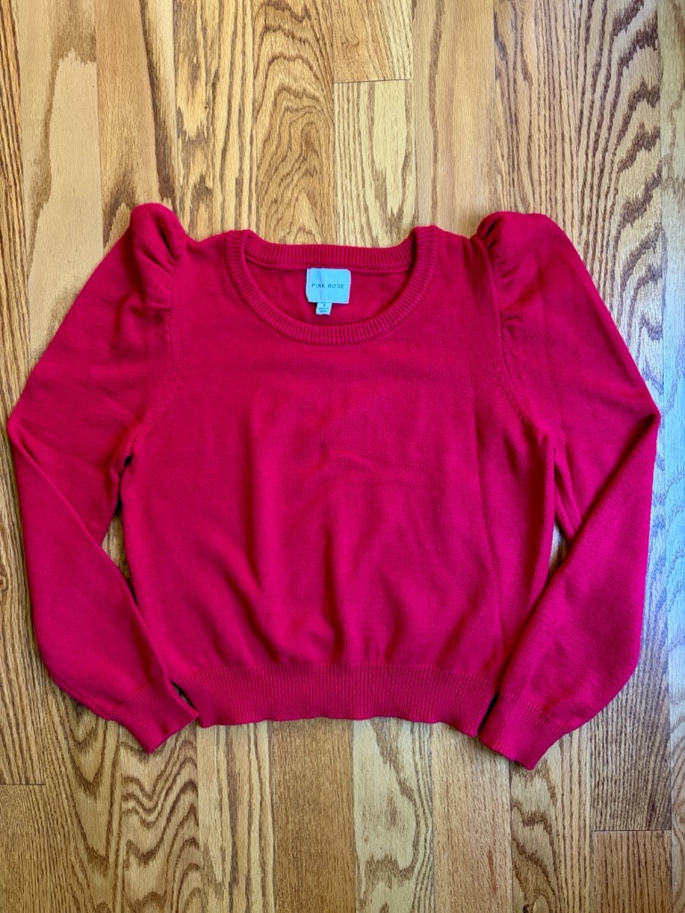 Pink Rose Red Puff-Sleeve Crewneck Sweater. Size: Medium